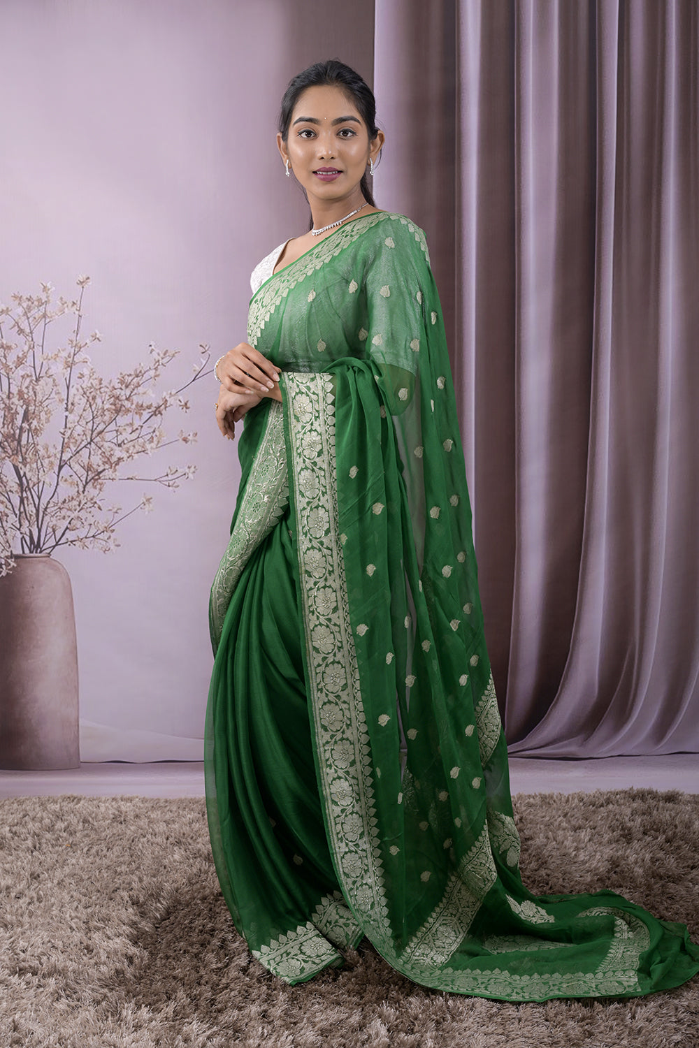 Georgette Woven Silver Jari Buttis All Over