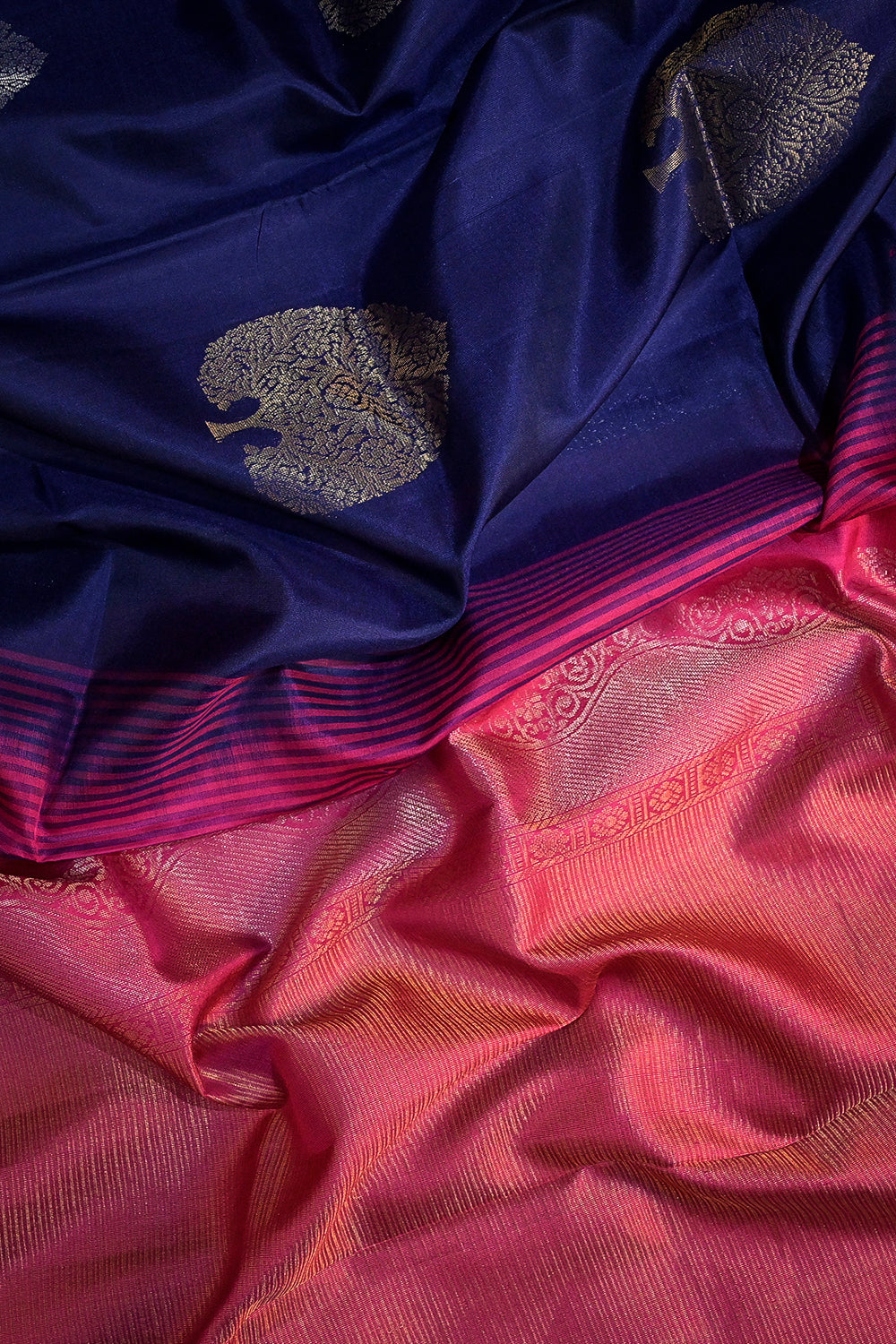 Soft Silk Plain Contrast Satin Border With Silver Jari Motifs