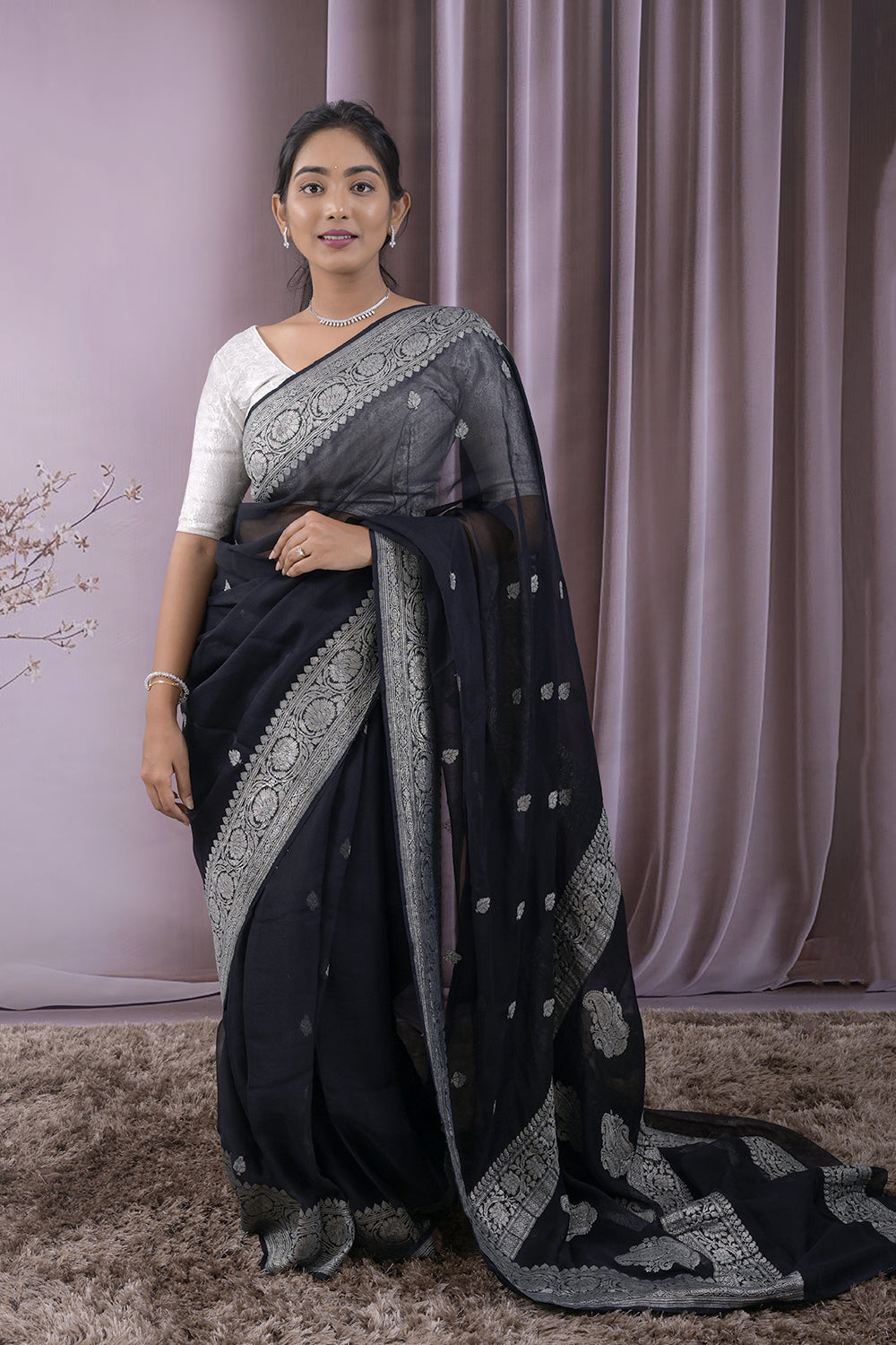Georgette Woven Silver Jari Buttis All Over