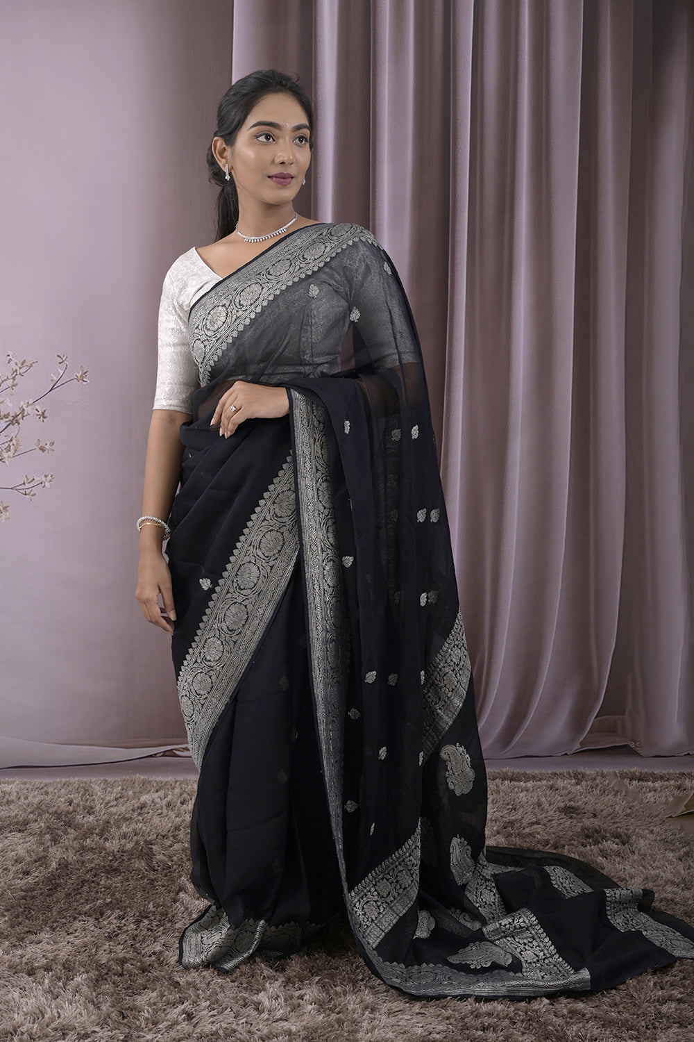 Georgette Woven Silver Jari Buttis All Over