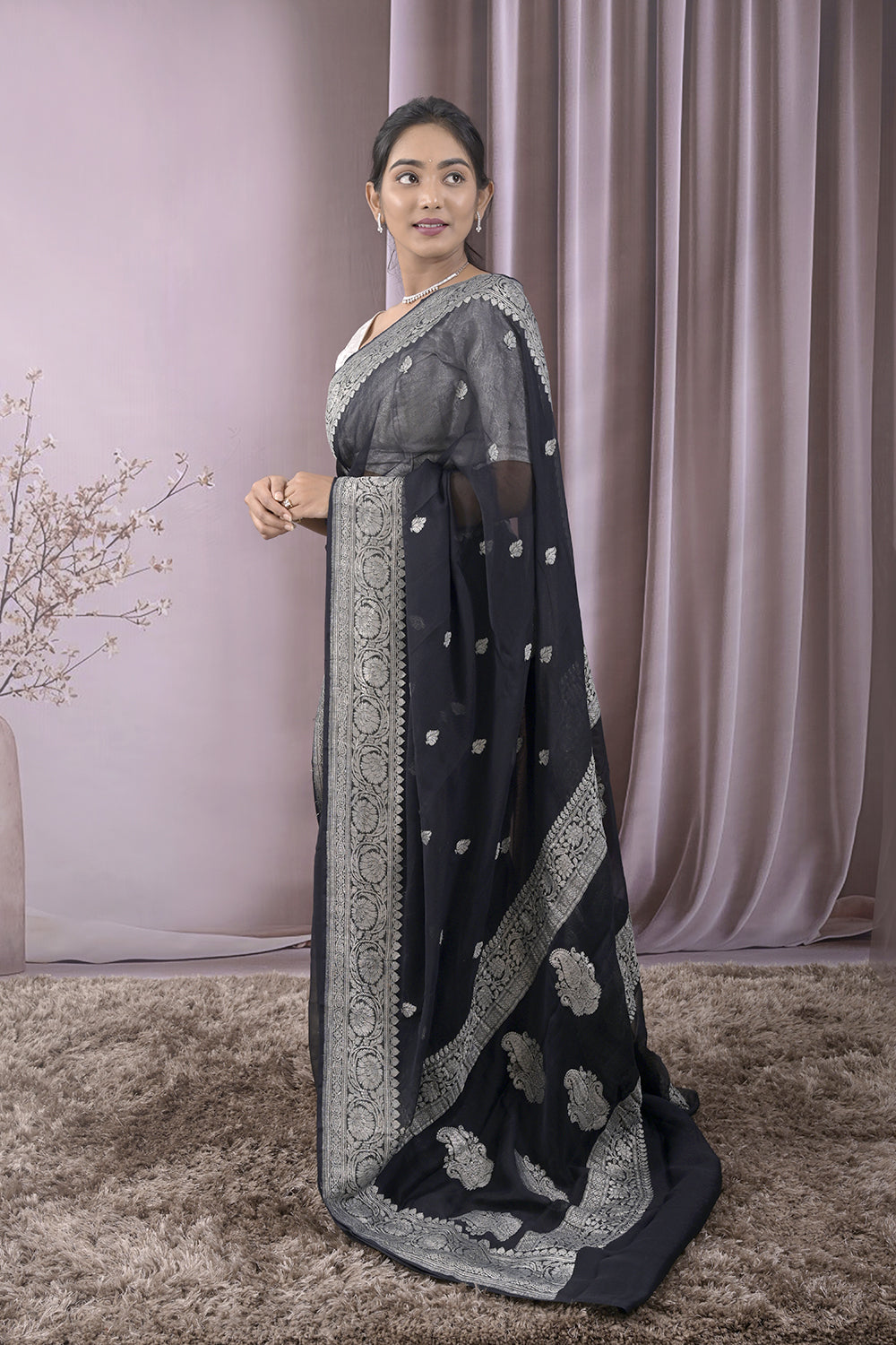 Georgette Woven Silver Jari Buttis All Over