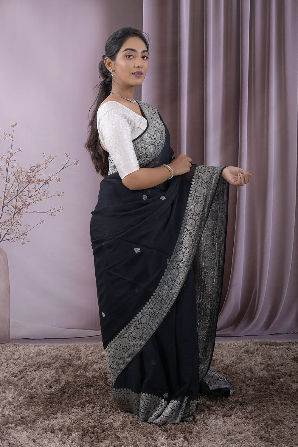 Georgette Woven Silver Jari Buttis All Over