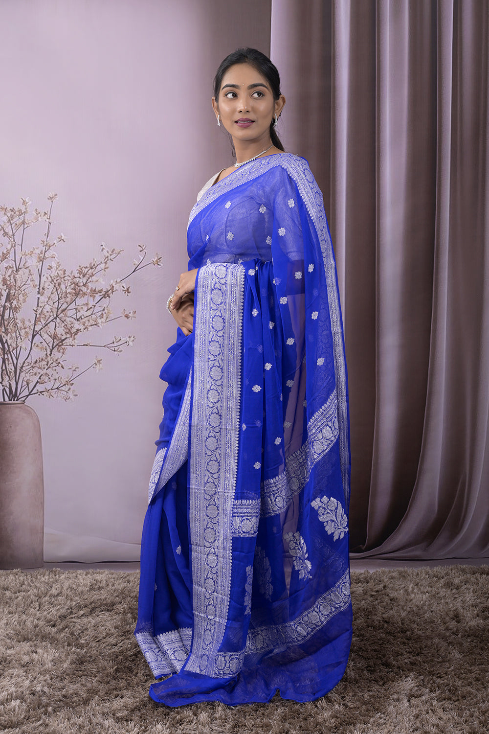 Georgette Woven Silver Jari Buttis All Over