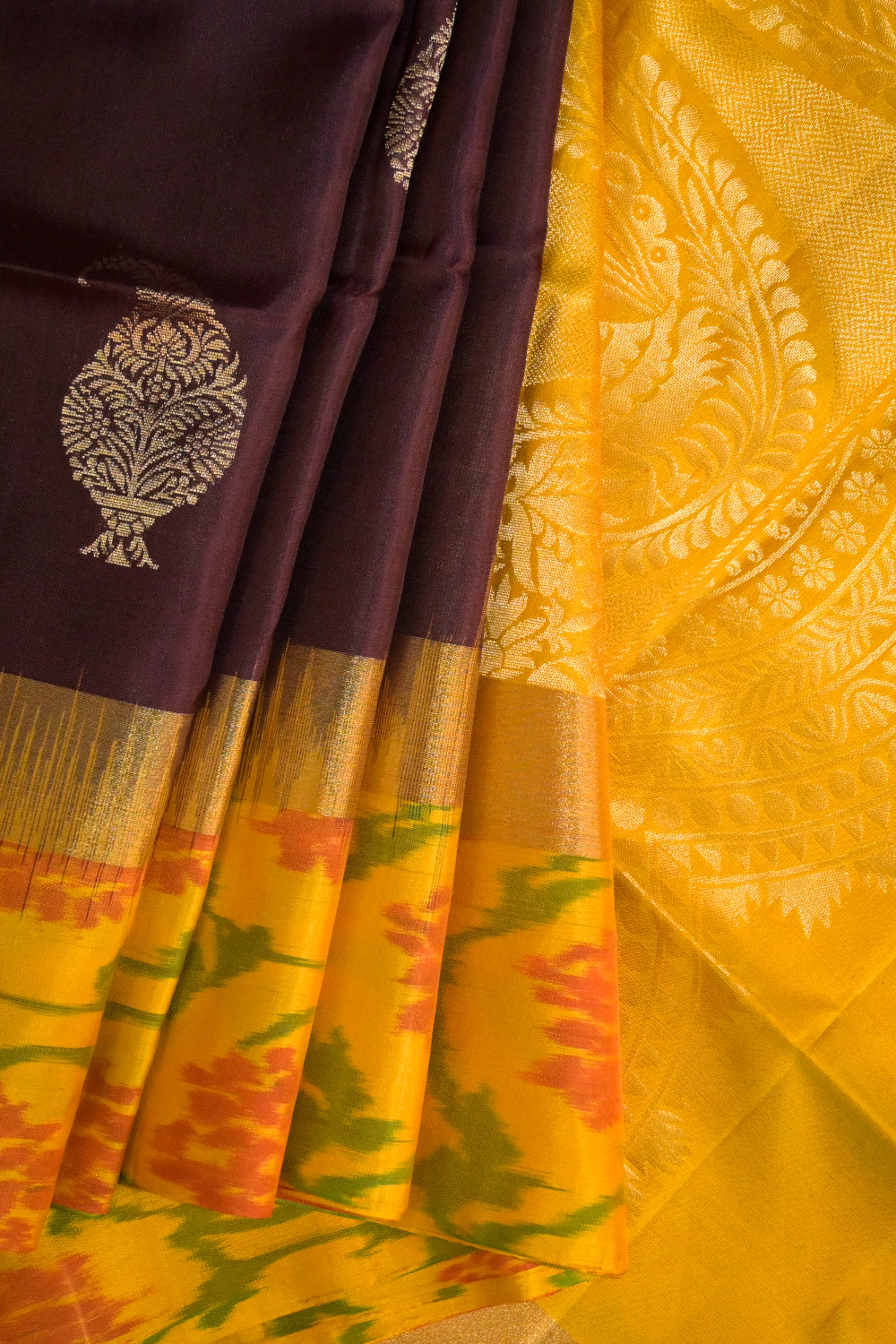 Soft Silk Woven Jari Motifs With Contrast Tie And Dye Weave