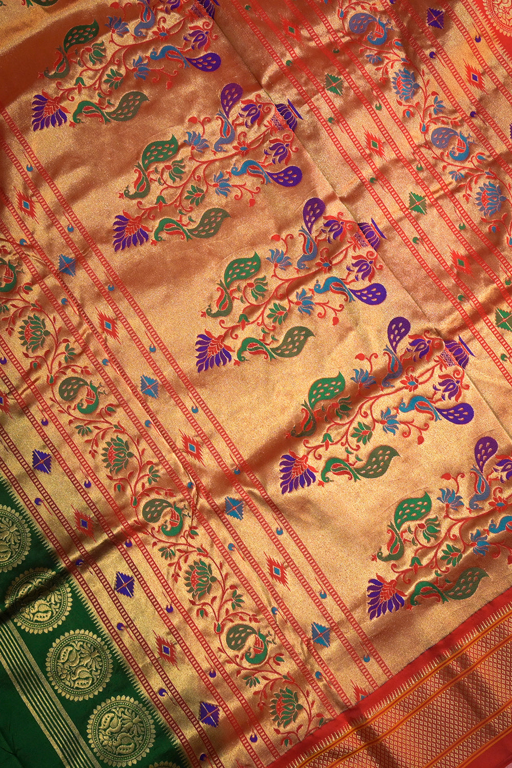 9yard Handwoven Pure Paithani With Chakra Meena Buttis And Red Contrast