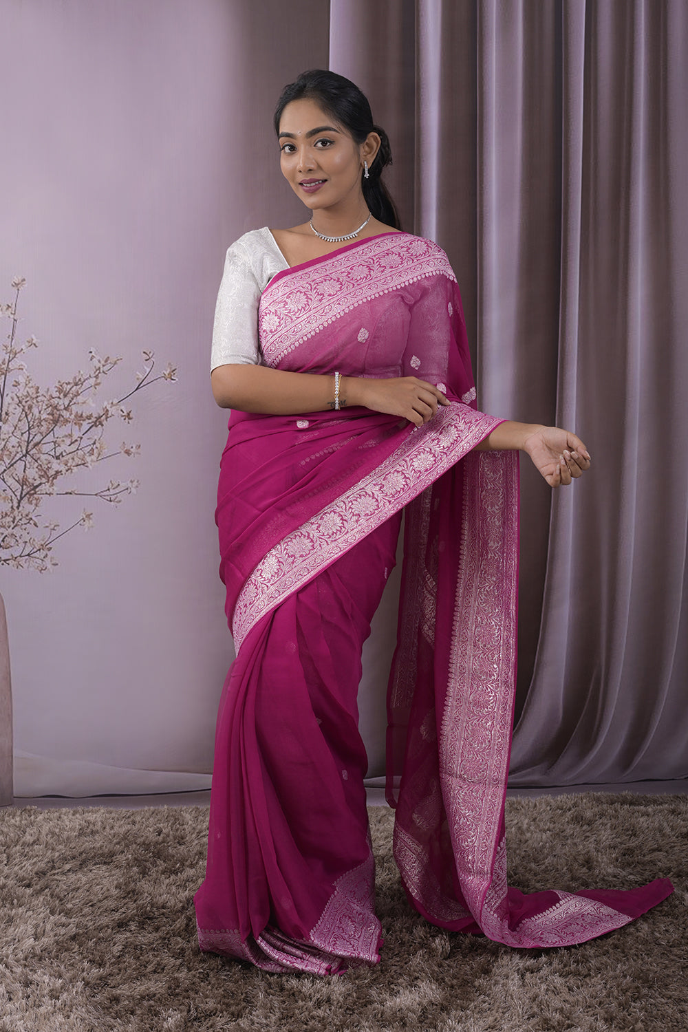 Georgette Woven Silver Jari Buttis All Over