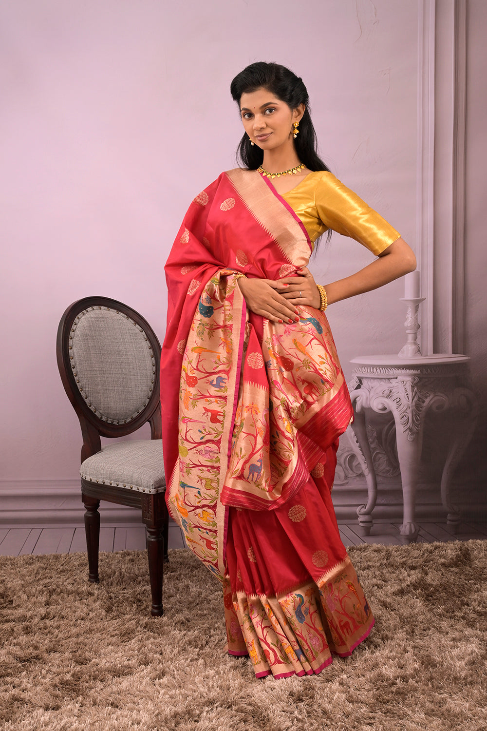 Banarasi Woven Gold Jari with Peacock Parrot Border