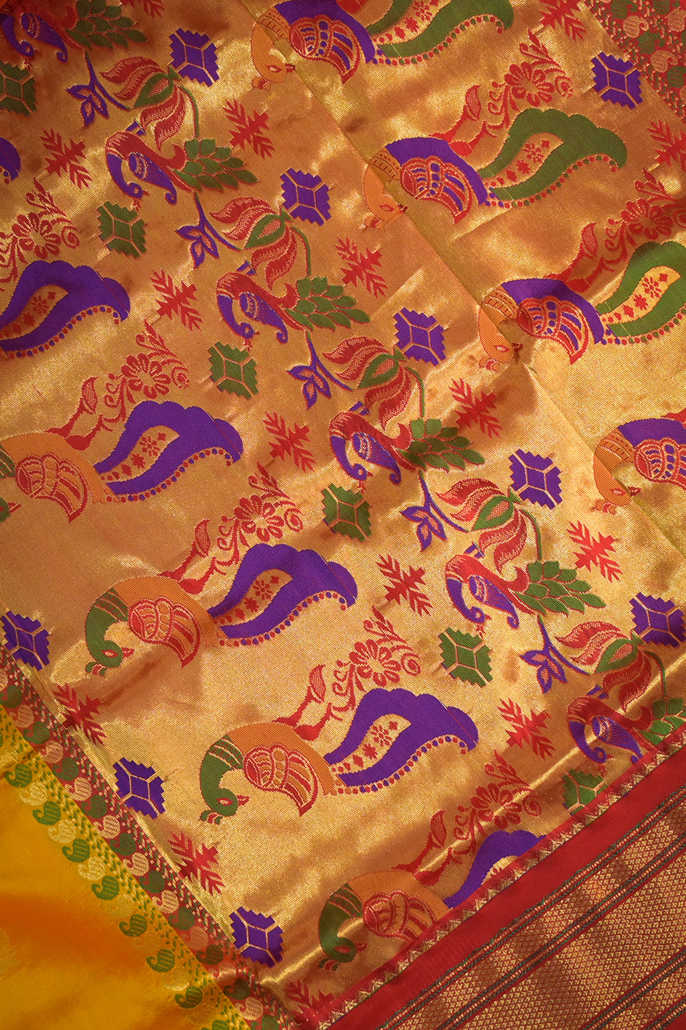 9yard Handwoven Pure Paithani With Peacock Jari Buttis And Red Contrast
