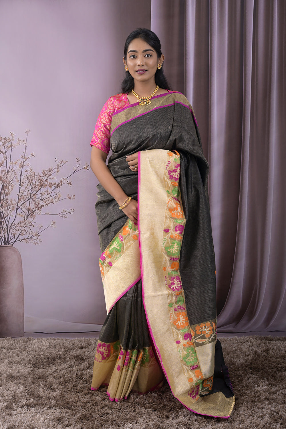 Banarasi Plain Body With Meena Weaving Border