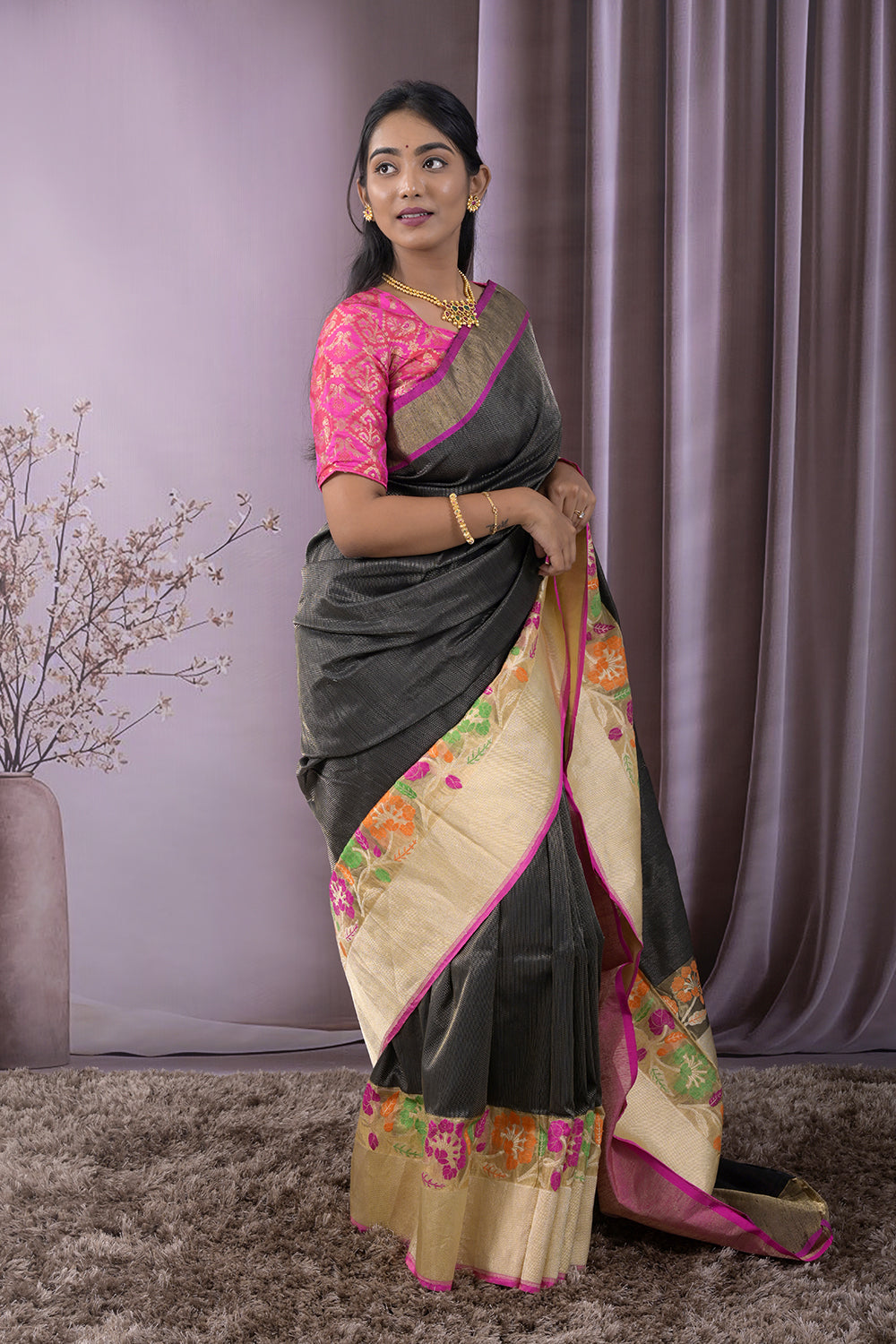 Banarasi Plain Body With Meena Weaving Border