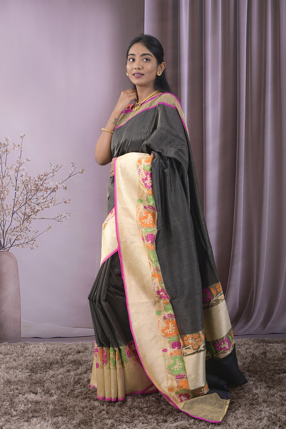 Banarasi Plain Body With Meena Weaving Border