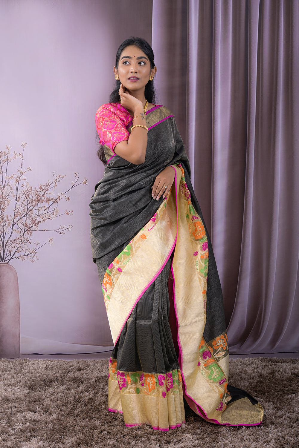 Banarasi Plain Body With Meena Weaving Border