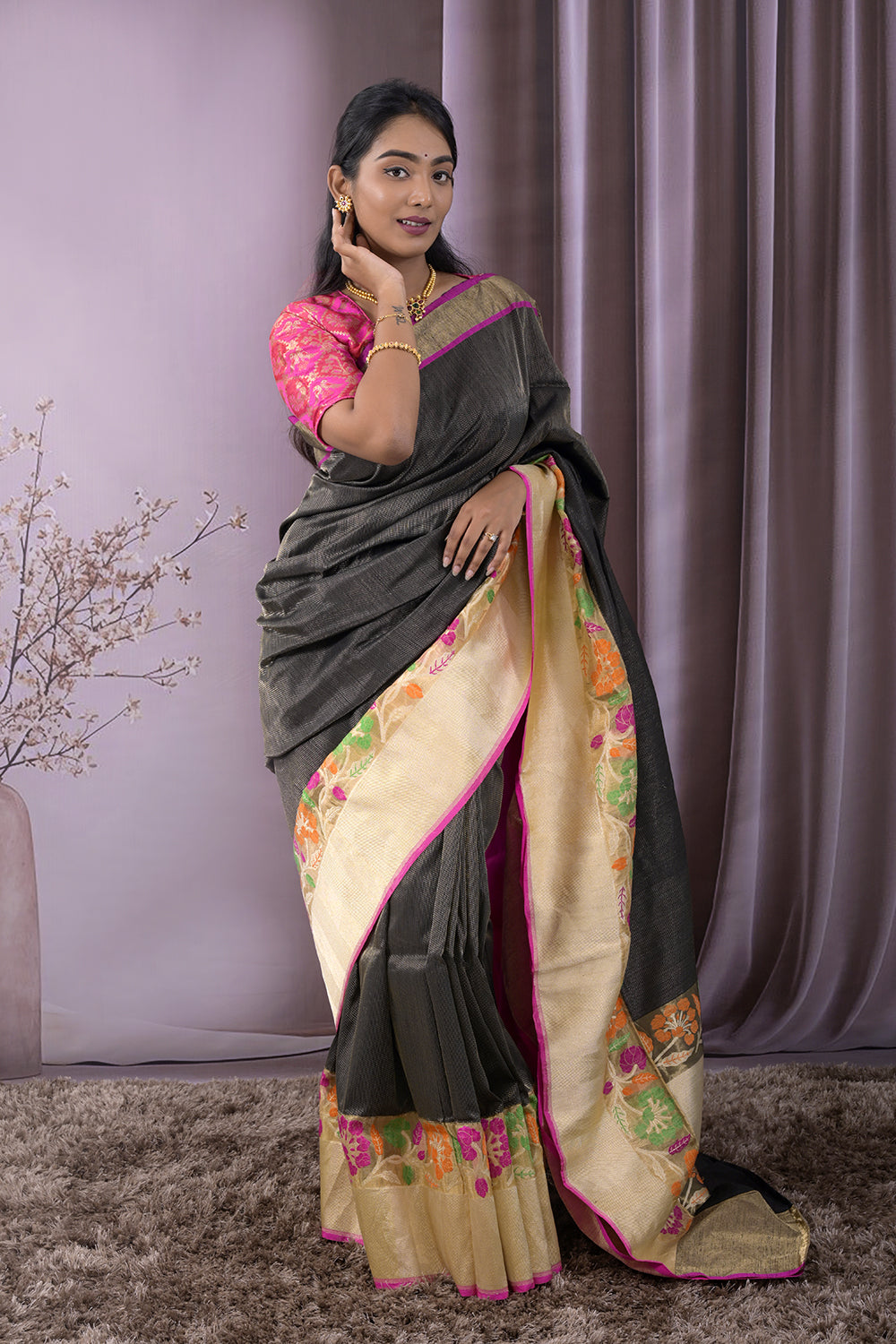Banarasi Plain Body With Meena Weaving Border