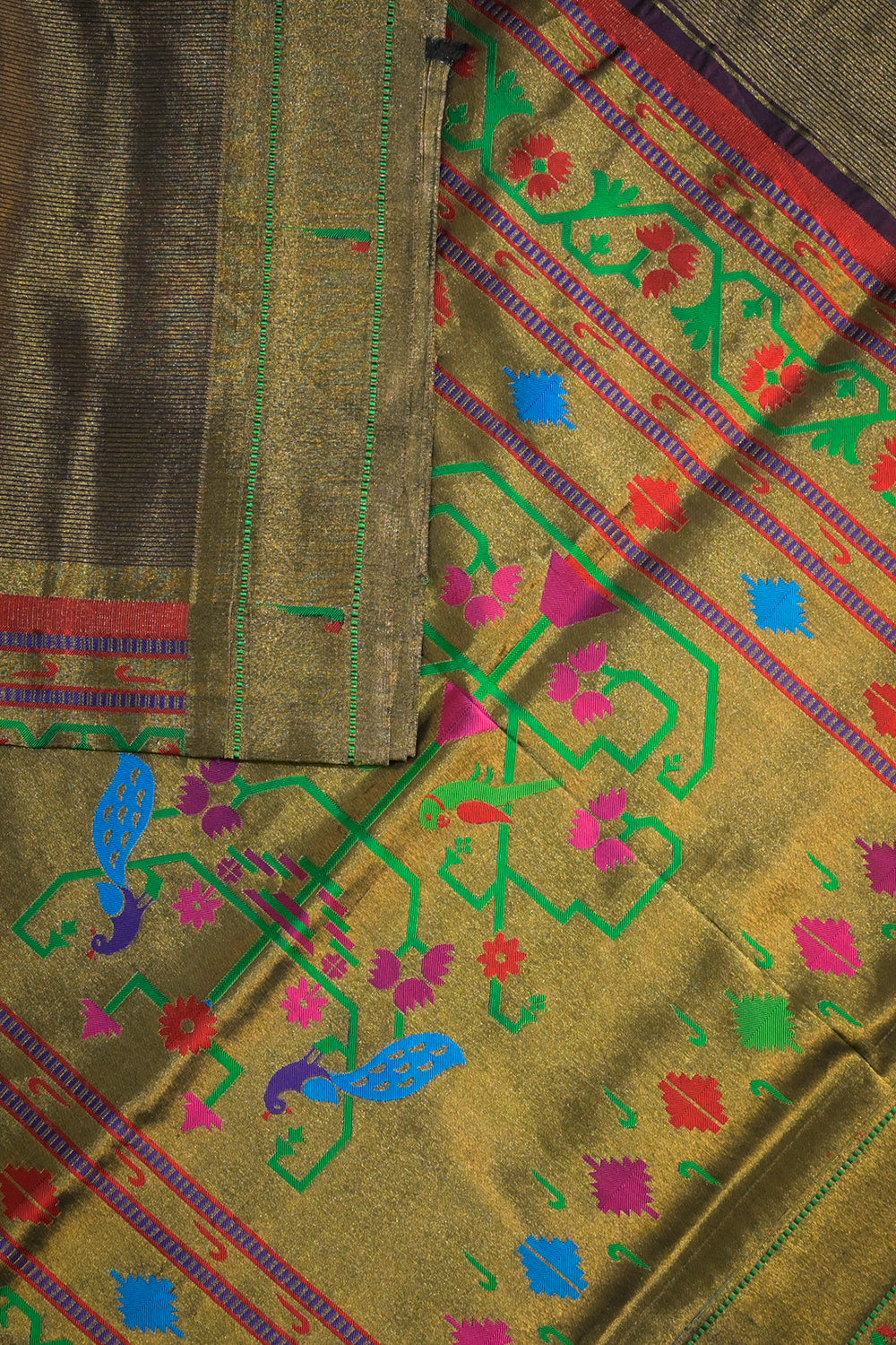 Paithani Handwoven Tissue Paithani With Triple Muniya Border