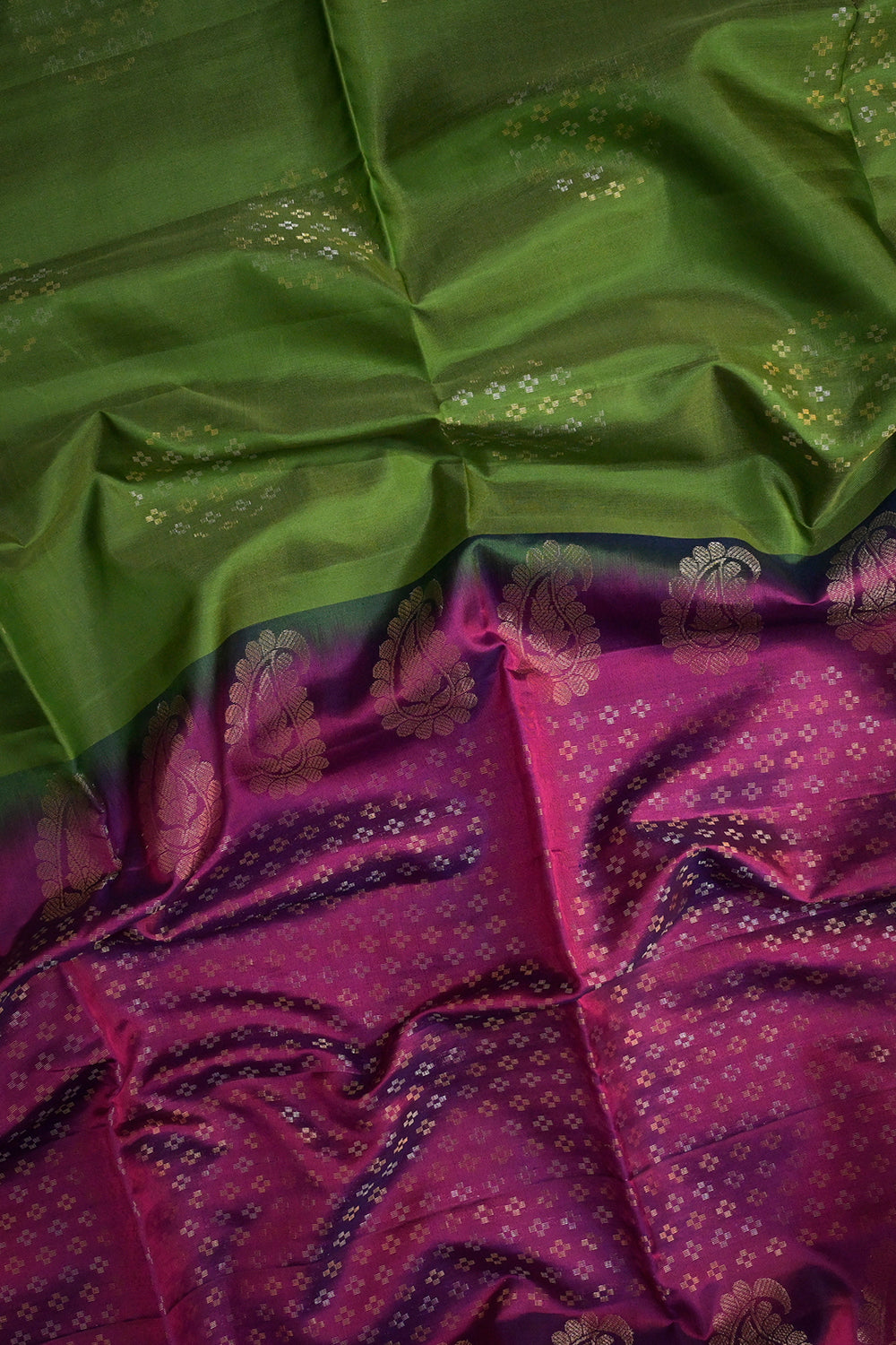 Soft Silk Borderless Jari Motifs With Purple Contrast