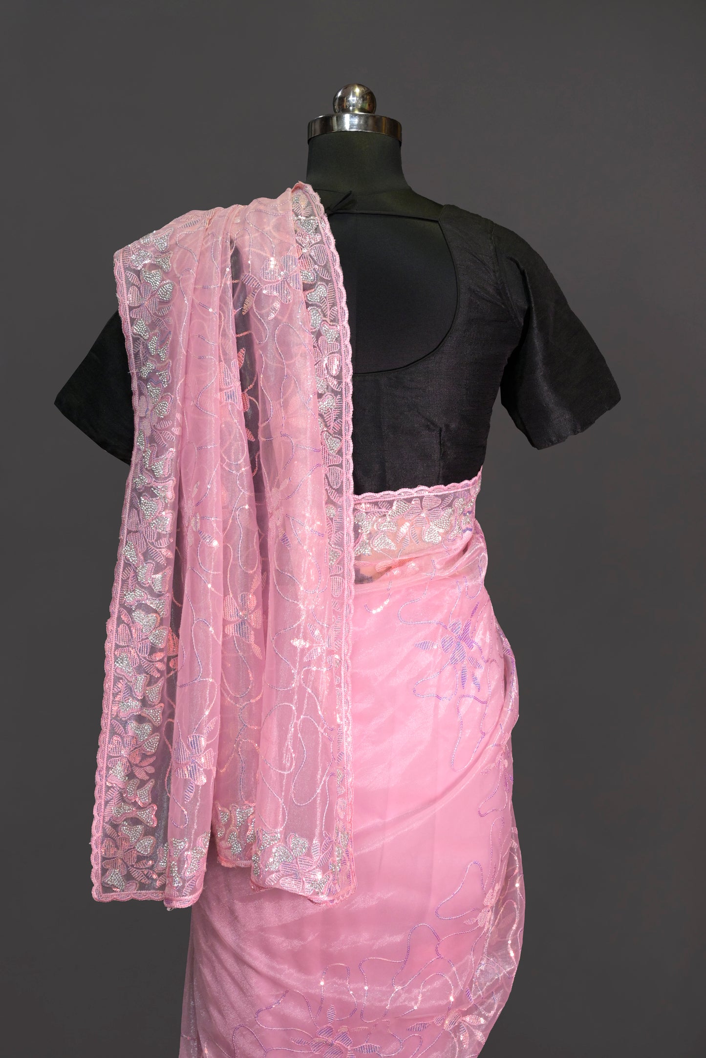 Net Embroidered Saree With Sarowski Work Border