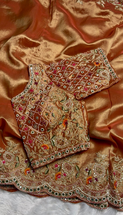 Premium Banarasi Golden Tissue Saree with Heavy Zardosi Work and Blouse