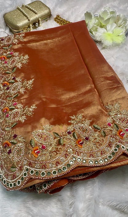 Premium Banarasi Golden Tissue Saree with Heavy Zardosi Work and Blouse