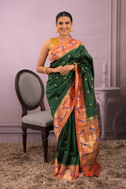 Paithani Woven Gold Jari Motifs With Peacock Border