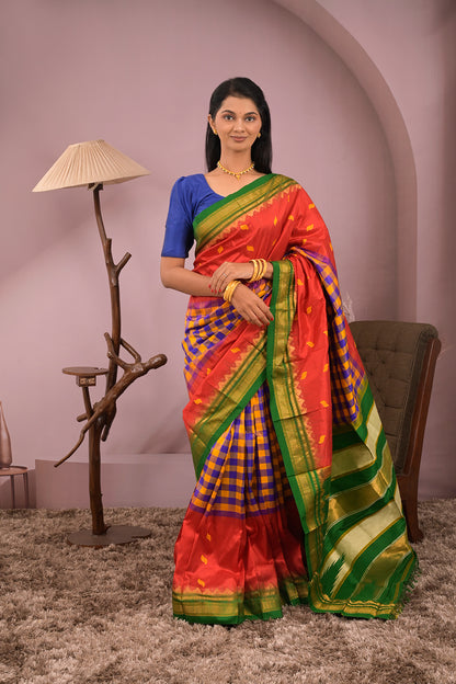 Kolhapuri Ilkal Woven Gold Jari Leaves Motifs with Multicoloured Chex