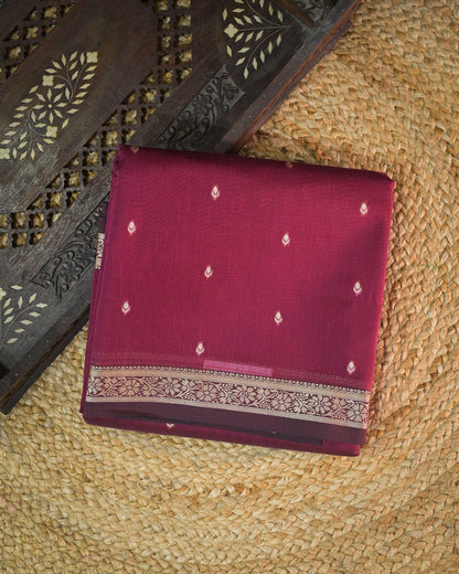 Wine Chanderi Cotton Saree with Woven Buttis & Piping Border