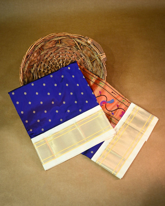 Royal Blue With White Contrast Pure Silk Kadiyal Paithani Saree