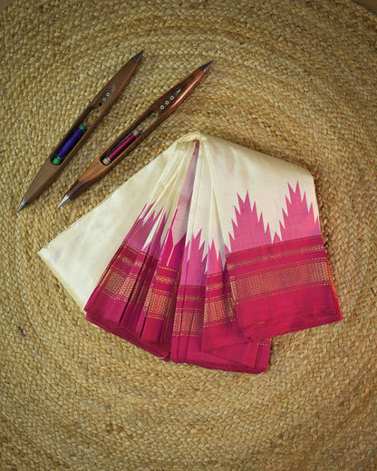 Tussar Silk Handloom Kolhapuri Ilkal Saree with Pink Temple Border