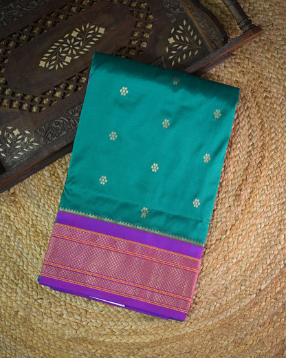 Rama green Silk Paithanis Woven paithani with purple contrast