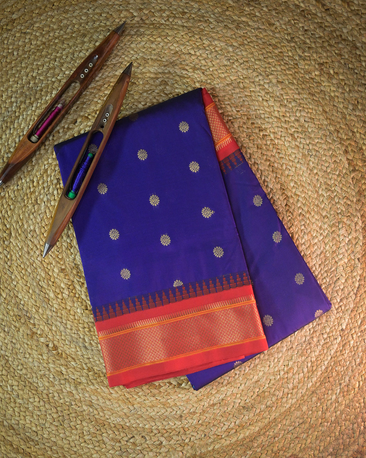 Royal Blue Semi Paithani Silk Saree with Red Contrast & Woven Chunri Buttis