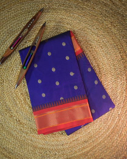 Royal Blue Semi Paithani Silk Saree with Red Contrast & Woven Chunri Buttis