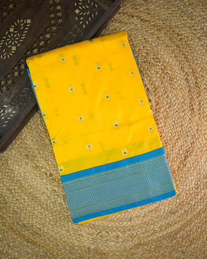 Lemon yellow Silk Paithani Woven paithani with blue contrast