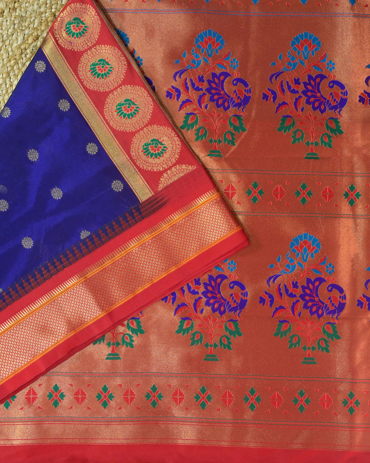 Royal Blue Semi Paithani Silk Saree with Red Contrast & Woven Chunri Buttis