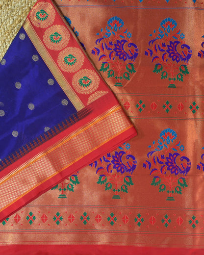 Royal Blue Semi Paithani Silk Saree with Red Contrast & Woven Chunri Buttis
