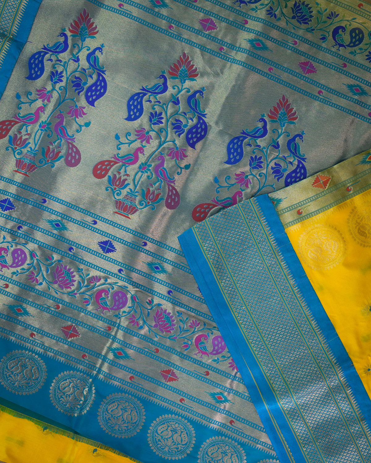 Lemon yellow Silk Paithani Woven paithani with blue contrast