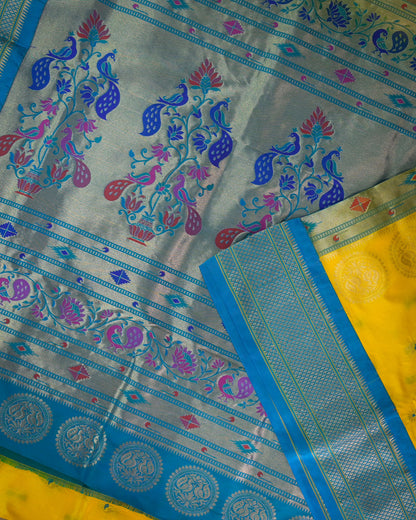 Lemon yellow Silk Paithani Woven paithani with blue contrast
