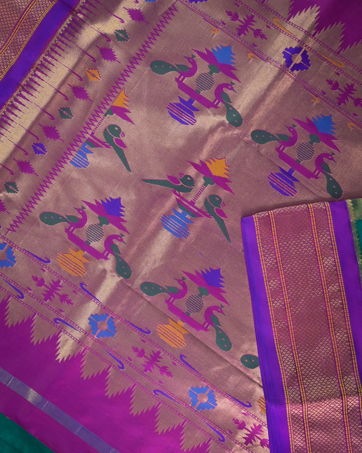 Rama green Silk Paithanis Woven paithani with purple contrast