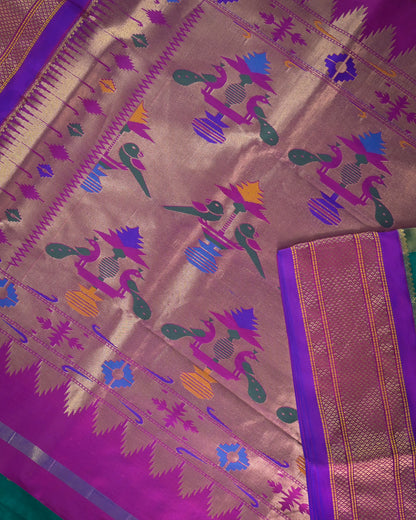 Rama green Silk Paithanis Woven paithani with purple contrast