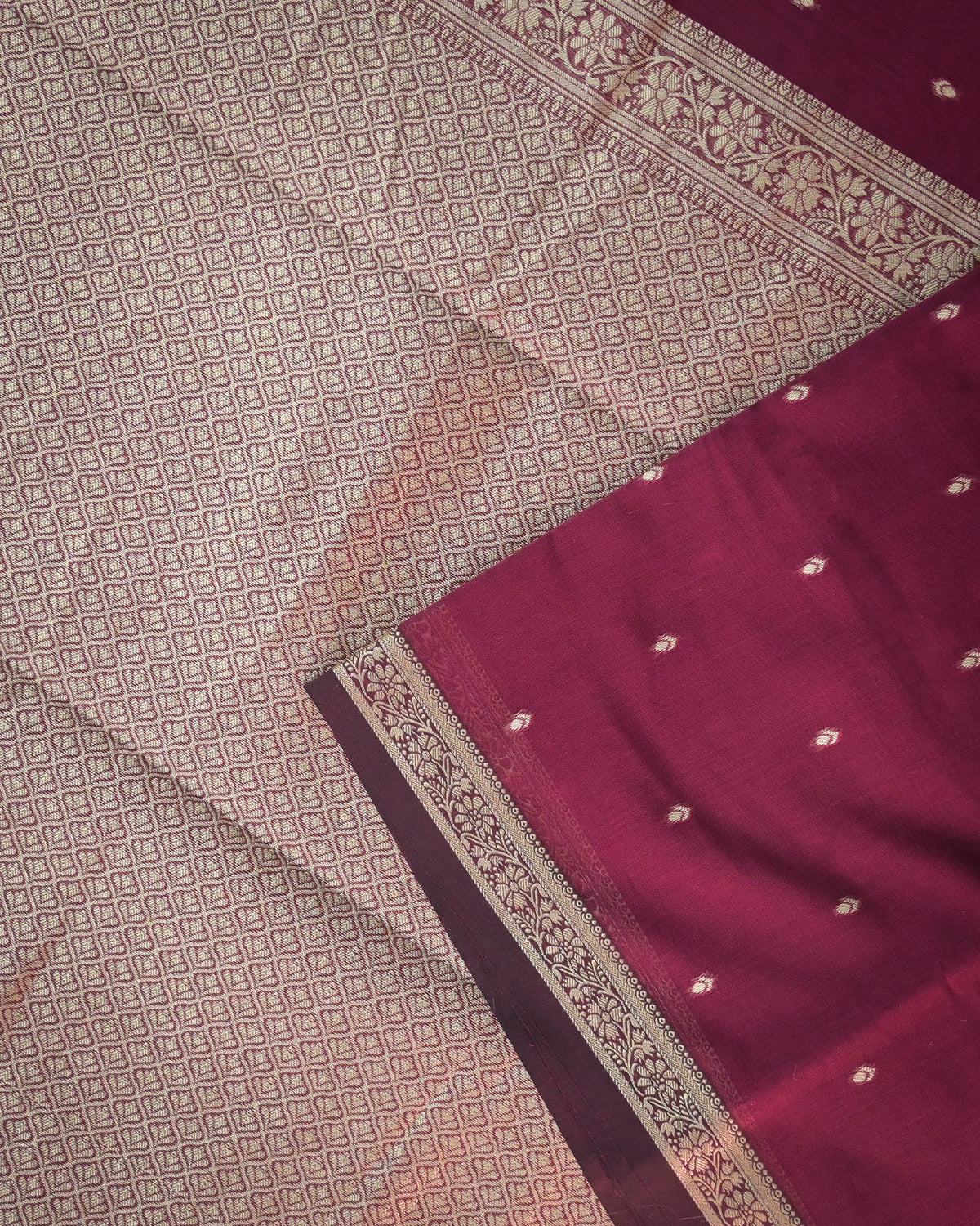 Wine Chanderi Cotton Saree with Woven Buttis & Piping Border
