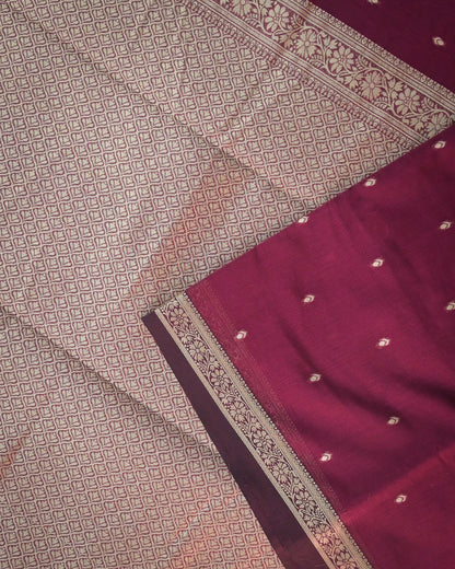 Wine Chanderi Cotton Saree with Woven Buttis & Piping Border