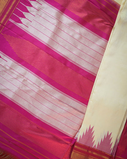 Tussar Silk Handloom Kolhapuri Ilkal Saree with Pink Temple Border