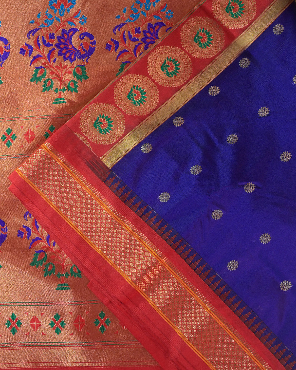 Royal Blue Semi Paithani Silk Saree with Red Contrast & Woven Chunri Buttis