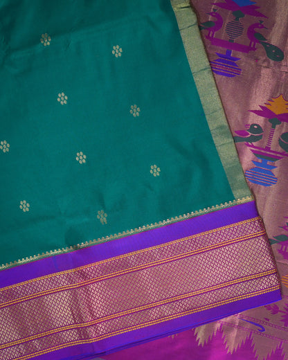 Rama green Silk Paithanis Woven paithani with purple contrast