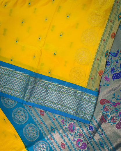 Lemon yellow Silk Paithani Woven paithani with blue contrast