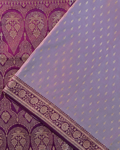 Lavender Banarasi Silk Saree with Purple Contrast & Woven Chunri Buttis