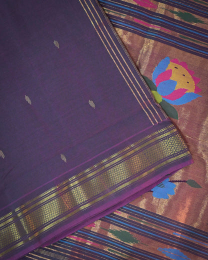 Lavender purple Handloom Cotton Paithani Saree with Heavy Zari Pallu