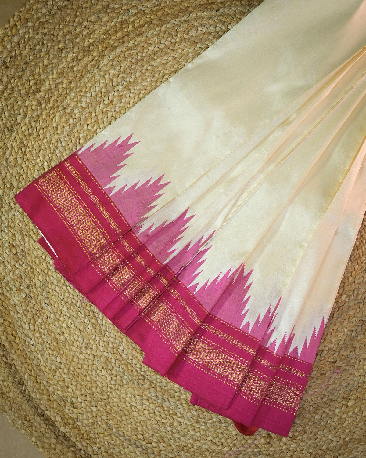 Tussar Silk Handloom Kolhapuri Ilkal Saree with Pink Temple Border