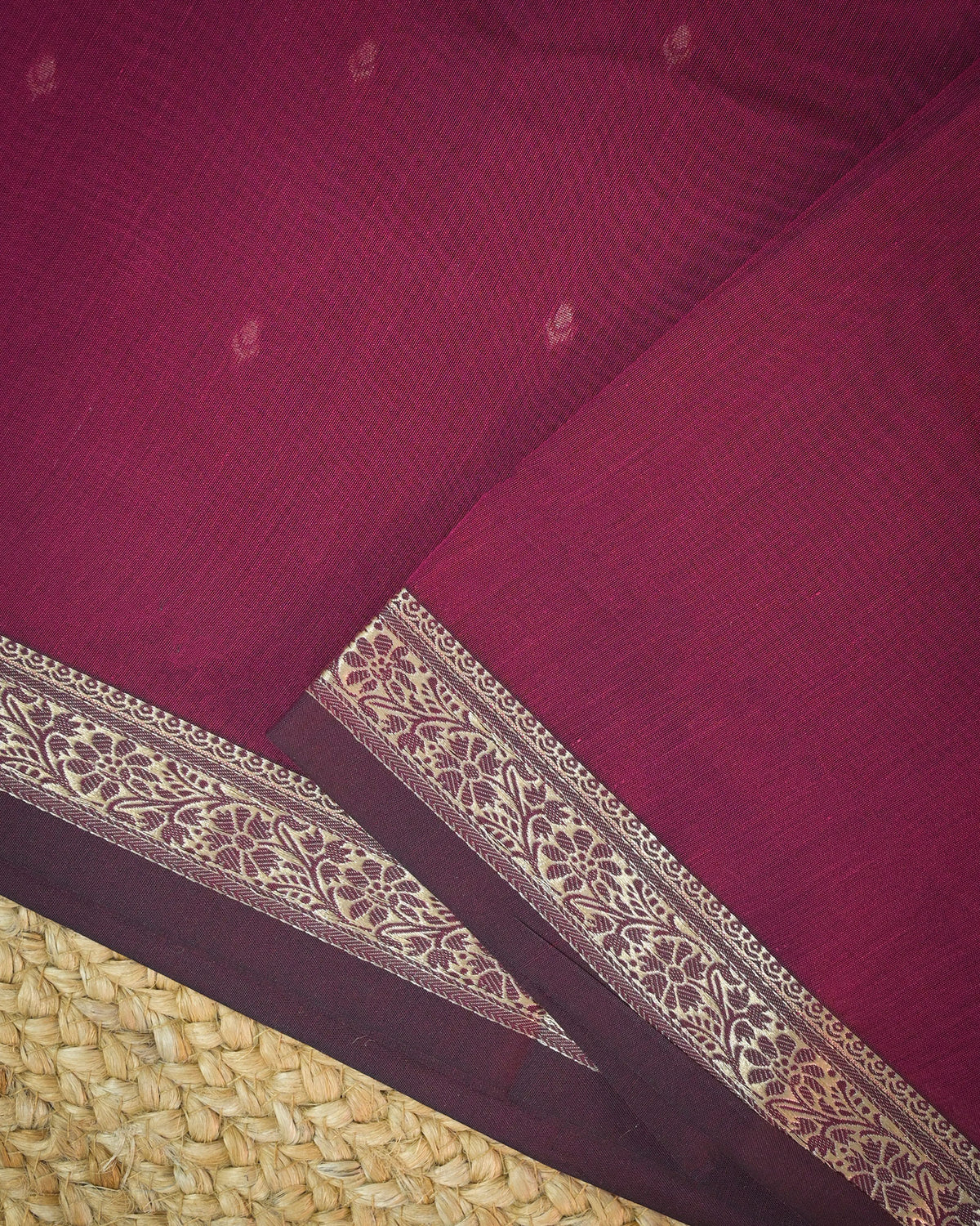 Wine Chanderi Cotton Saree with Woven Buttis & Piping Border