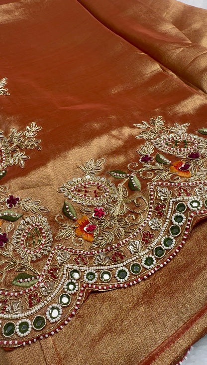 Premium Banarasi Golden Tissue Saree with Heavy Zardosi Work and Blouse
