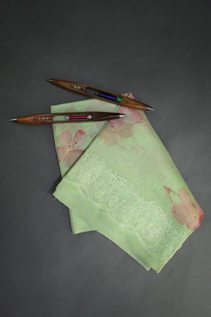 Organza Floral Print With Lucknowi Embroidery Border