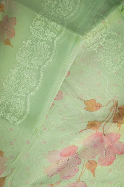 Organza Floral Print With Lucknowi Embroidery Border